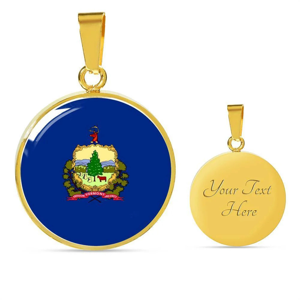 Vermont State Flag Personalized Engraved Gold Circle Necklace Custom Name Date